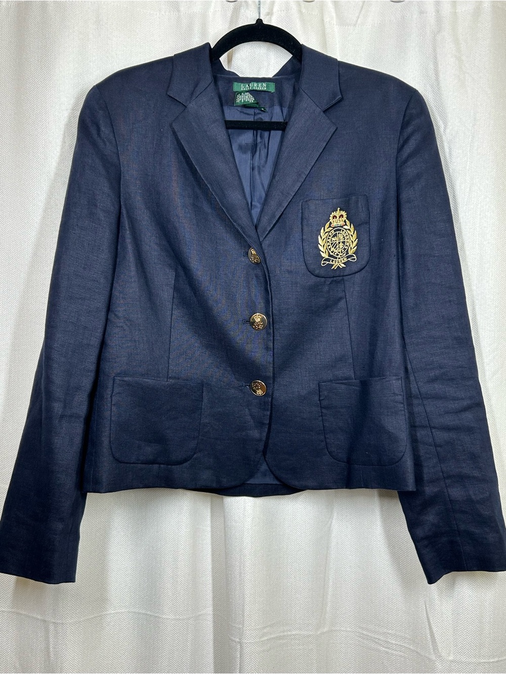 Lauren Ralph Lauren Navy Embroidered Crest Blazer Gold Buttons Sz 14 100% Linen